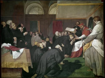 Quadroni de San Carlo: avsnitt av Saint Charles Borromees liv (1538-1584): helgonet grundade College of Jesuites, Barnabites and Theatins (Quadroni of St Charles: life and miracles of St Charles Borromeo: St Charles founding jesuit, theatines en