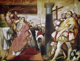 Quadroni de San Carlo: avsnitt av Saint Charles Borromees liv (1538-1584): resning av korset i Milano (Quadroni of St Charles: life and miracles of Saint Charles Borromeo: resection of cross in Milano) Målning av Cerano (Giovan) Battista Crespi) (156