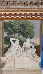 Gästboende, Room of the Rural Scenes: monokrom fresk som representerar en satyr och en maenad