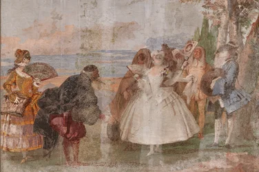 Guest Logis, the Room of the Carnival Scenes: "Pantalone and Columbina", en scen med masker