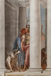 Palazzina (liten byggnad), entréhallen: "Den grekiska flottan i Aulide", detalj som representerar en hund och en soldat