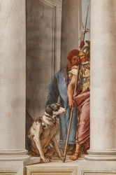 Palazzina (liten byggnad), entréhallen: "Den grekiska flottan i Aulide", detalj som representerar en hund och en soldat