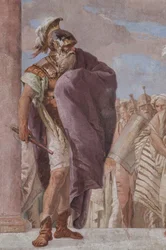 Palazzina (liten byggnad): utsikt över det första rummet och dess fresker som representerar episoder från Iliaden: "Athena hindrar Akilles från att dra sitt svärd mot Agamemnon", detalj av kung Agamemnon