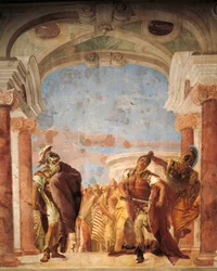 Minerva hindrar Akilles från att döda Agamemnon, av Giambattista Tiepolo (1696-1770), fresk, Iliadrummet, Villa Valmarana ”Ai Nani”, Vicenza, Italien