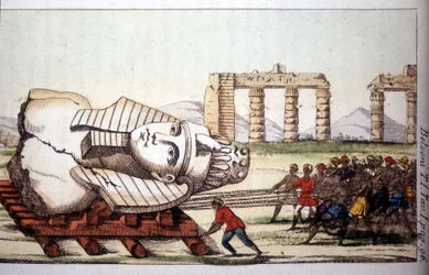 Transport av bysten av Memnon på Nilens strand av Belzoni. Giovanni Battista (Gianbattista) Belzoni (1778-1823), italiensk upptäcktsresande och arkeolog, har gjort viktiga arkeologiska upptäckter i Egypten. Gravyr - i "" Viaggio i Egitto e