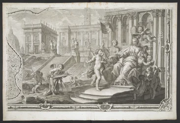En kvinnlig figur som kröns, från Nuova Pianta di Roma, framställd av G. Nolli