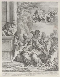 Den heliga familjen med änglar till höger och ovanför, 1652.