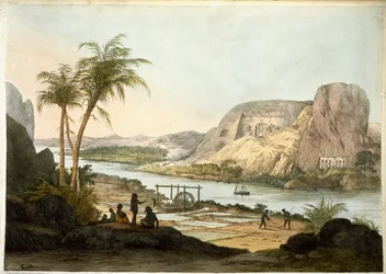Exteriörvy av de två templen i Abu Simbel, från plattor som illustrerar forskarna i Egypten och Nubien, publicerad 1822