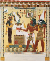 Väggmålning från kungagravarna i Thebe, upptäckt av G. Belzoni, plansch 19 ur «Planscher som illustrerar forskningar i Egypten och Nubien», graverad av Charles Hullmandel (1789-1850), 1820-22 (litografi)