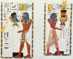 Två väggmålningar från kungagravarna i Thebe, upptäckta av G. Belzoni, plansch 5 ur «Planscher som illustrerar forskningar i Egypten och Nubien», graverad av Charles Hullmandel (1789-1850), 1820-22