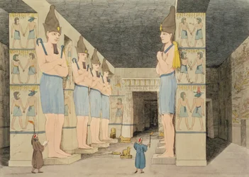 Utsikt över templets insida i Ybsombul, Nubia, upptäckt av Giovanni Belzoni, graverad av Augustine Aglio (1777-1857) plåt 48 från `Plattor Illustrative of the Researches in Egypt and Nubia,