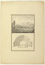 Utsikt och plan över Theatre of Hierapolis (nu Pamukkale), ca 1750 (penna & bläck och tvätt på papper)