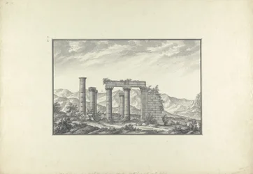 Utsikt över ruinerna av ett joniskt tempel vid Sardis, troligen Neptunus tempel, ca 1750 (grå tvätt, penna och bläck och penna på papper)
