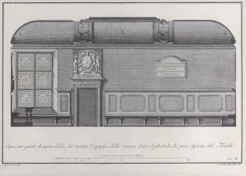 Plåt 4: tvärsnitt av Hall of the Institute of Bologna, med ingången till r..., 1756.