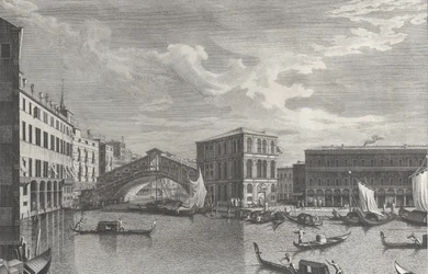 Rialtobron, Venedig, med båtar och gondoler i vattnet, 1763.
