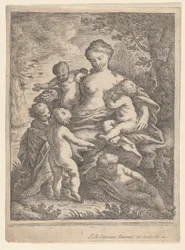 Välgörenhet, sittande i ett landskap omgivet av fem nakna barn, 1692-1727.