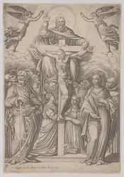 Treenigheten, med korsfästelsen i centrum och helgonen på båda sidor, 1586.