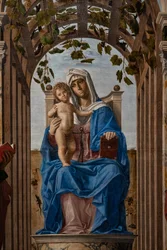 En tron på Madonna med Jesusbarnet mellan helgonen Jakob och Hieronymus, detalj