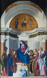 Entroniserad madonna med barn och Johannes Döparen, St Cosmas, St Damian, ca 1507 (olja på trä)