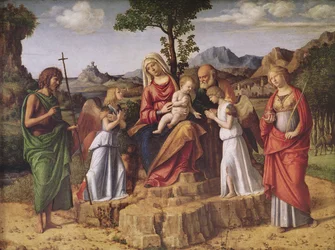 Heligt samtal - Den heliga familjen omgiven av änglar, Sankta Lucia och Johannes Döparen, stannande före flykten till Egypten, ca 1490