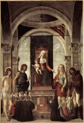 Heligt samtal, jungfru med barn omgiven av Johannes Döparen, St Sebastian, St Roch, St Mary Magdalena (olja på duk, ca 1487-1488)