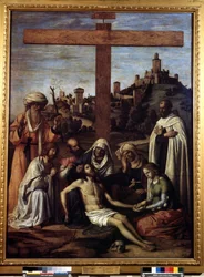 ""Deponeringen"" Inskription ""INRI"" på korset. Målning av Giovanni Battista Cima da Conegliano (cirka 1459-1517) 1500-talet Mått 199x148 cm Pushkin-museet, Moskva