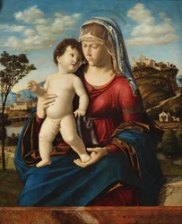 Madonna med barn i ett landskap