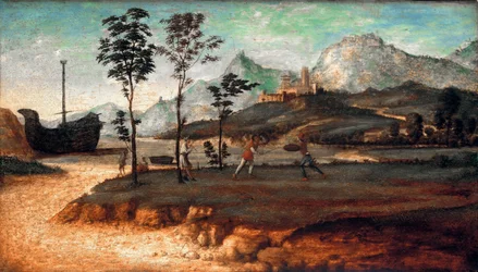 "Coastal Landscape With Two Men Fighting" (Coastal Landscape With Two Men Fighting) Målning av Giovanni Battista Cima da Conegliano (cirka 1459-1517), c 1510 - Olja på trä, 32x53 - Staatliche Museen, Berlin