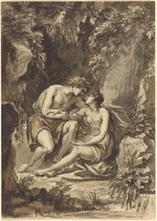 Angelica and Medoro (penna och svart bläck med brun och grå lavering över grafit på liggande papper; a tergo, motiv av fyra koncentriska cirklar som omger lagerkrans tecknat a tergo med penna och svart bläck och grafit)