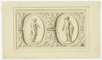 Två medaljonger med stående figurer av Omphale och Bacchus, åtskilda av ett mönster av akantusblad