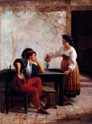 Ung tjänare i ett värdshus och en soldat Målning av Giovanni Battista Crosa (aktiv mellan 1859 och 1882) 1865 Dim 98x64 cm Genes, Galleria d