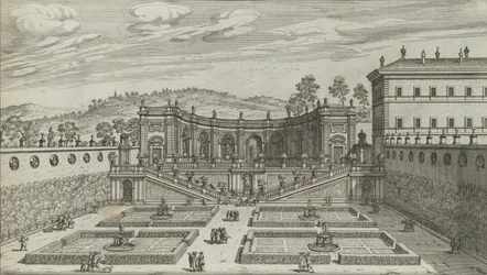 En annan perspektivvy av Teatro et Giardino Contigvo i Mondragone i Fras ..., 1691 eller senare.