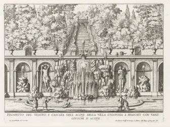 Cascade en Teatro delle Acque i trädgården av Villa Torlonia te Frascati Utsikten till teatern och vattenfallet i Villa Ludovisia (...) (titel på objektet) Fontänerna i Frascati-villorna (serietitel) Fonteinen van Frascati (serietitel)