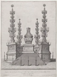Katafalk för påven Clement X, central struktur på toppen av en femtonstegsplattform, med..., 1676.