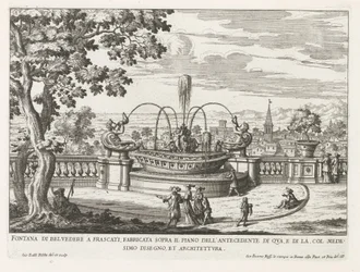 Fontein in de tuinen van de Villa Aldobrandini te Frascati Belvedere-fontänen i Frascati, byggd ovanför nivån för föregångaren på denna sida (...) (titel på objektet) Fontänerna i Frascati-villorna (serietitel) Fonteinen van Frascati (serietitel)