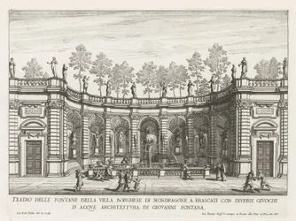 Fontein in de tuinen van de Villa Mondragone te Frascati Teater för fontänerna i Villa Borghese i Mondragone i Frascati (...) (titel på objektet) Fountains of the Villas of Frascati (serietitel) Fonteinen van Frascati (serietitel)