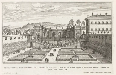 Tuinen van de Villa Mondragone te Frascati En annan perspektivvy av teatern och den angränsande trädgården (...) (titel på objekt) Fontänerna i Frascati-villorna (serietitel) Fonteinen van Frascati (serietitel)