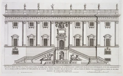 Vy över fasaden på Palazzo Senatorio vid Piazza del Campidoglio i Rom, påbörjad av Michelangelo Buonarroti (1475-1564) och färdigställd av Girolamo Rainaldi (1570-1655)
