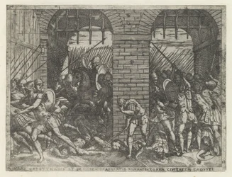 Romeinse soldaten vallen Crustumerium binnen Offret för Crustumeni (...) berövats sitt medborgarskap (titel på föremål) Leven van Romulus en Remus (serietitel)