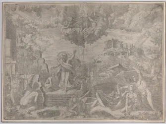 Hesekiels syn, med de döda som reser sig och sätter på sig sitt kött, Gud Fadern abo..., 1579.