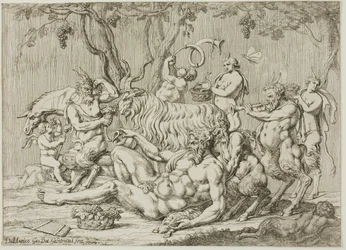 Silenus liggande med getter och satyrer