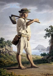 Bonde i bakgrunden av Campi Flegrei, av Giovan Battista Lusieri (ca 1755-1821), akvarell på papper, 32x23 cm, Italien