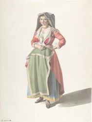 Ung kvinna som står i traditionell napolitansk klänning, ca. 1775-1821.