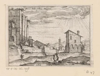 Ruinerna av Palazzo Maggiore i Rom och byggnader i närheten Sallo pallazo Maggiore (titel på objekt) Utsikt över Rom (serietitel) Alcune vedute et prospettive di luoghi dishabitati di Roma (serietitel)