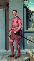 Gian Gerolamo Grumelli par Moroni, Giovan Battista (1520 / 25-1578). Olja på duk, storlek: 216x123, ca. 1560, Palazzo Moroni, Bergamo