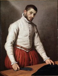 Porträtt av människan eller "" Skräddaren "" Målning av Giovan Battista Moroni (Giovanbattista, Giovanni Battista) (ca 1529-1578) 1570 Mått 99,5x77 cm London, nationalgalleriet
