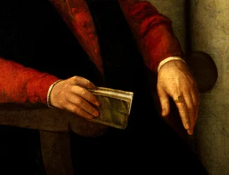 Förmodat porträtt av Francois Rabelais (1494-1553), fransk författare och läkare. Detalj av boken han håller i handen och av riddaren han bär på fingret. Målning av Giovanni Battista Moroni (1525-1578)