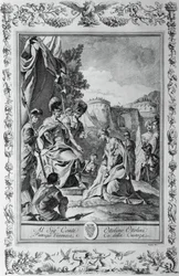 Armida framför Goffredo, gravyr, av Giovanni Battista Piazzetta (1683-1754) för Canto III av Jerusalem levererad, av Torquato Tasso (1544-1595), utgiven av Giovanni Battista Albrizzi, Venedig, Italien