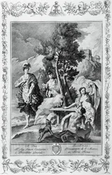 Carlo och Ubaldo i Happy Islands, gravyr, av Giovanni Battista Piazzetta (1683-1754) för Canto XV av Jerusalem Levererad, av Torquato Tasso (1544-1595), Giovanni Battista Albrizzi-upplagan, Venedig, Italien