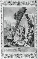 Korsfarare vid belägringen av Jerusalem, gravyr, av Giovanni Battista Piazzetta (1683-1754) för Canto III av Jerusalem levererad, av Torquato Tasso (1544-1595), utgiven av Giovanni Battista Albrizzi, Venedig, Italien